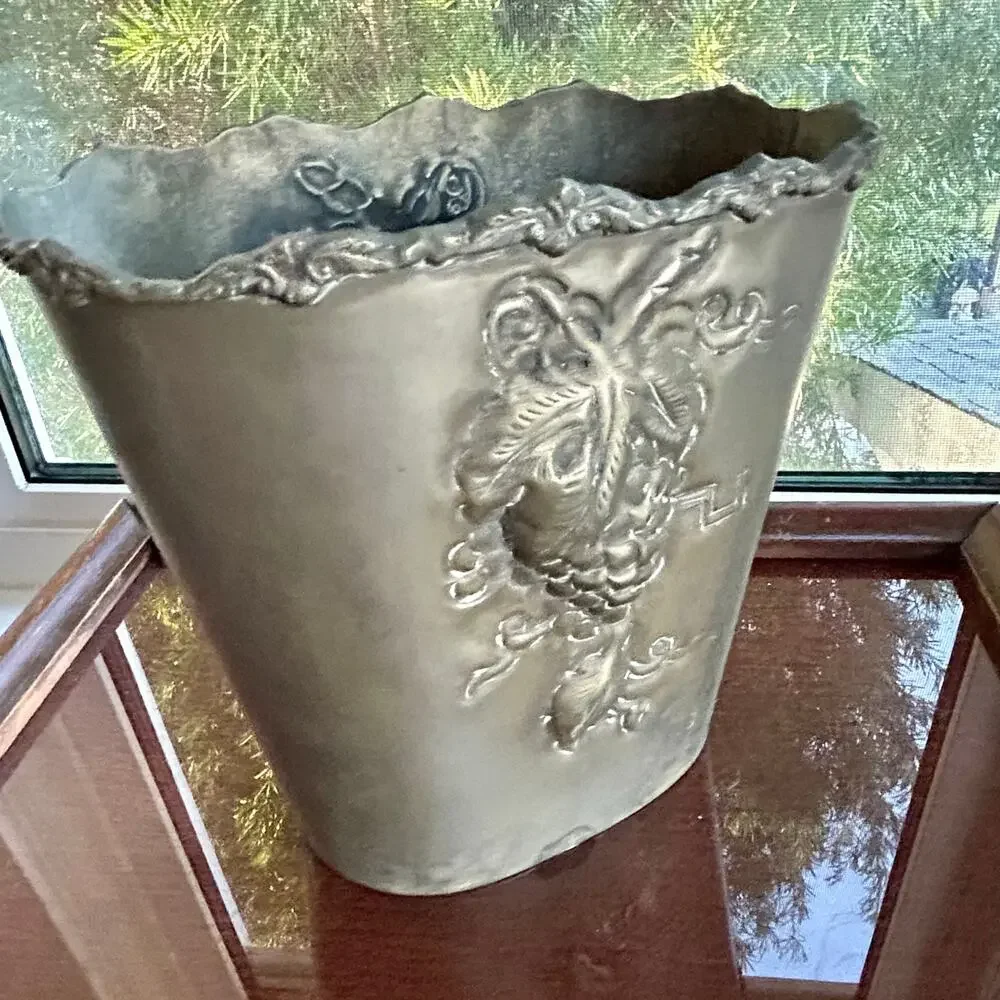 Vintage Bronze Tone Metal Raised Relief Floral Grapes Basket Bucket Flower Bin